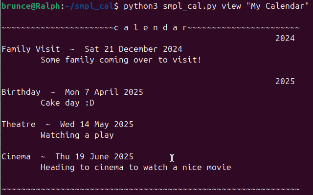 Example calendar from smpl_cal